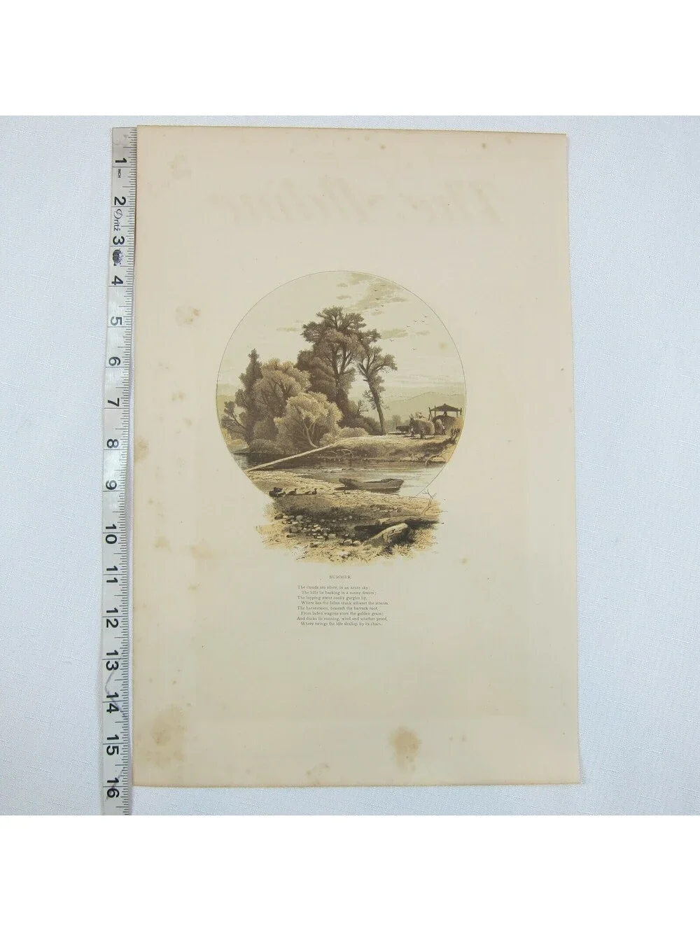 Antique 1870s Engraving Print The Aldine Summer Farm Grain Harvest Stream & Poem